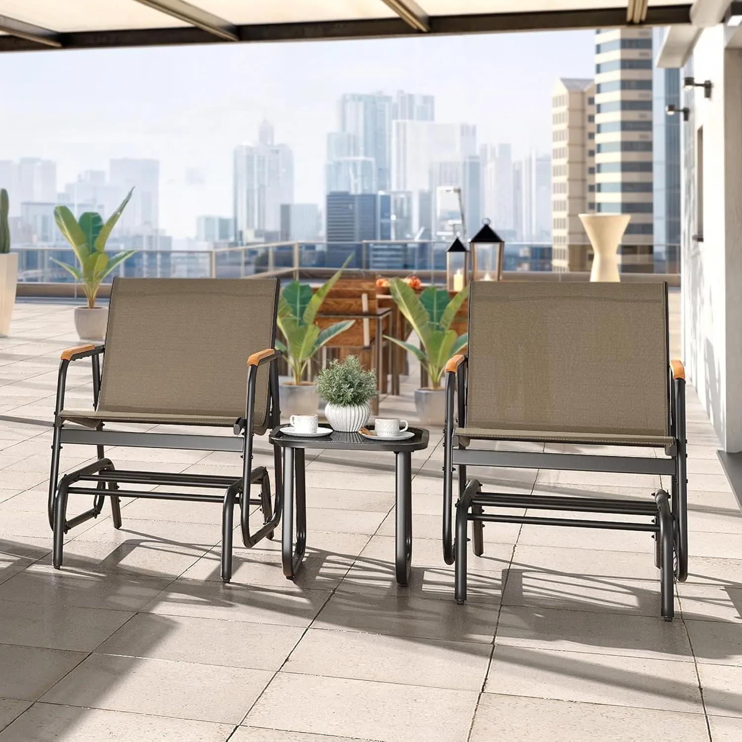YITAHOME 3 Piece Patio Furniture Set, Outdoor Glider Chair Bistro Set, Coffee Table with Tempered Glass Tabletop, Patio Textilene Chairs Set of 2 for Backyard, Lawn, Garden, Balcony and Porch, Brown