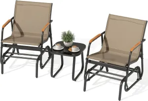 YITAHOME 3 Piece Patio Furniture Set, Outdoor Glider Chair Bistro Set, Coffee Table with Tempered Glass Tabletop, Patio Textilene Chairs Set of 2 for Backyard, Lawn, Garden, Balcony and Porch, Brown