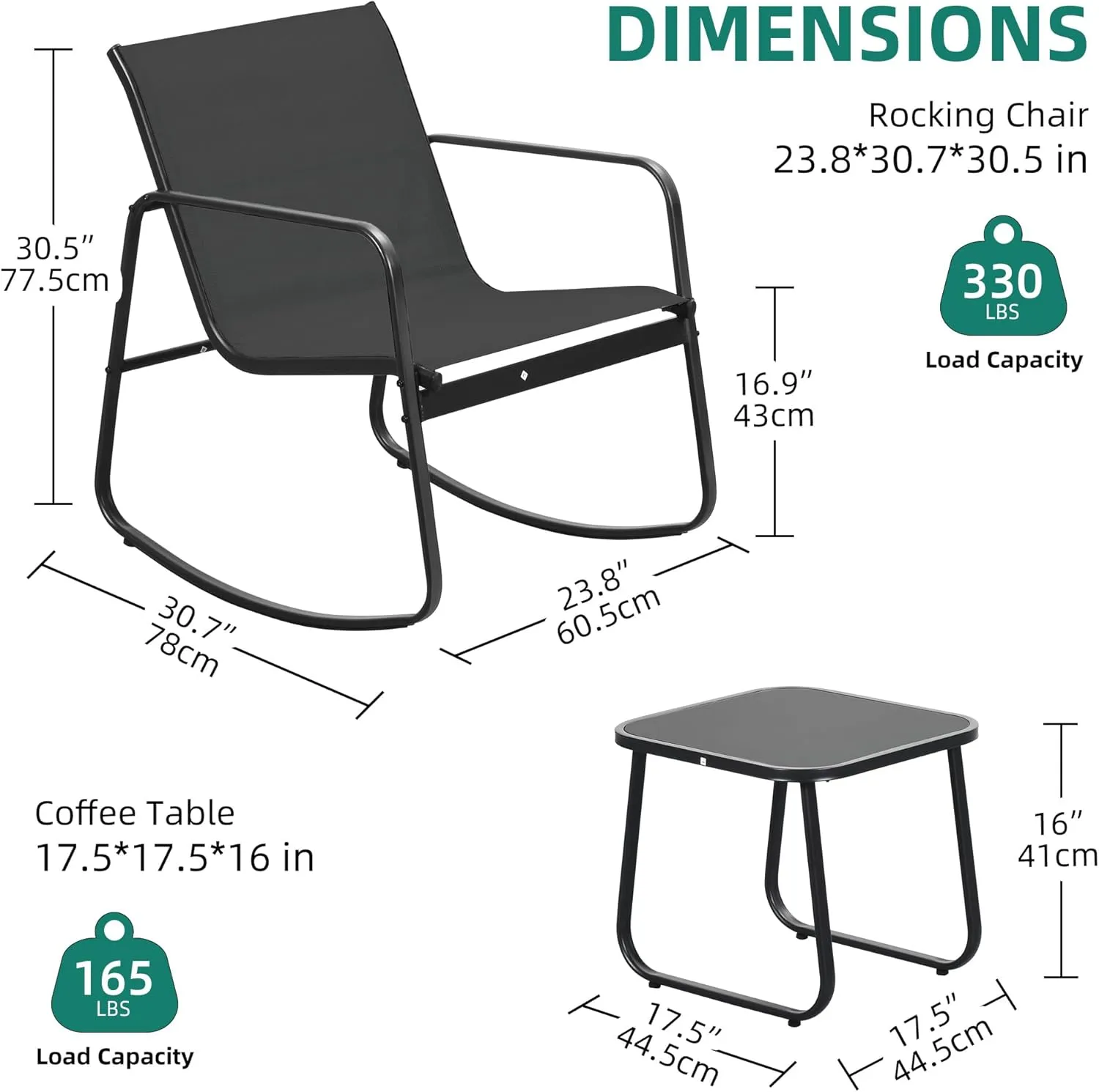 YITAHOME 3 Piece Patio Furniture Set with Rocking Bistro Chairs and Glass Table, Textilene Fabric Small Outdoor Conversation Furniture Set for Backyard, Lawn, Garden, Balcony, Poolside (Black)