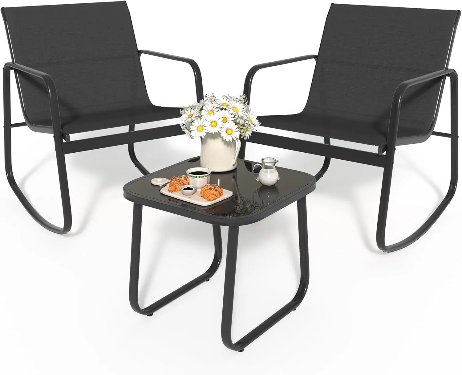 YITAHOME 3 Piece Patio Furniture Set with Rocking Bistro Chairs and Glass Table, Textilene Fabric Small Outdoor Conversation Furniture Set for Backyard, Lawn, Garden, Balcony, Poolside (Black)