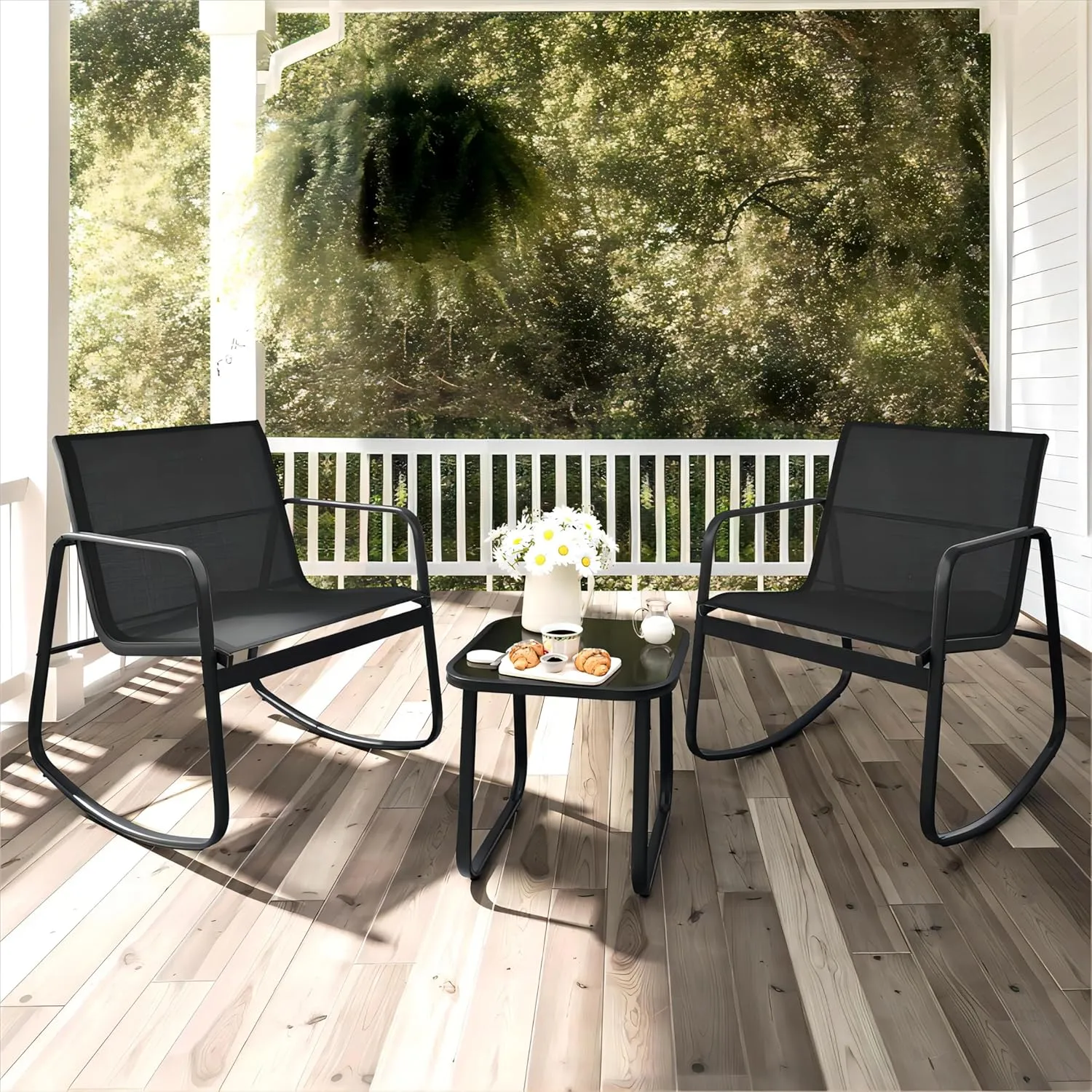 YITAHOME 3 Piece Patio Furniture Set with Rocking Bistro Chairs and Glass Table, Textilene Fabric Small Outdoor Conversation Furniture Set for Backyard, Lawn, Garden, Balcony, Poolside (Black)