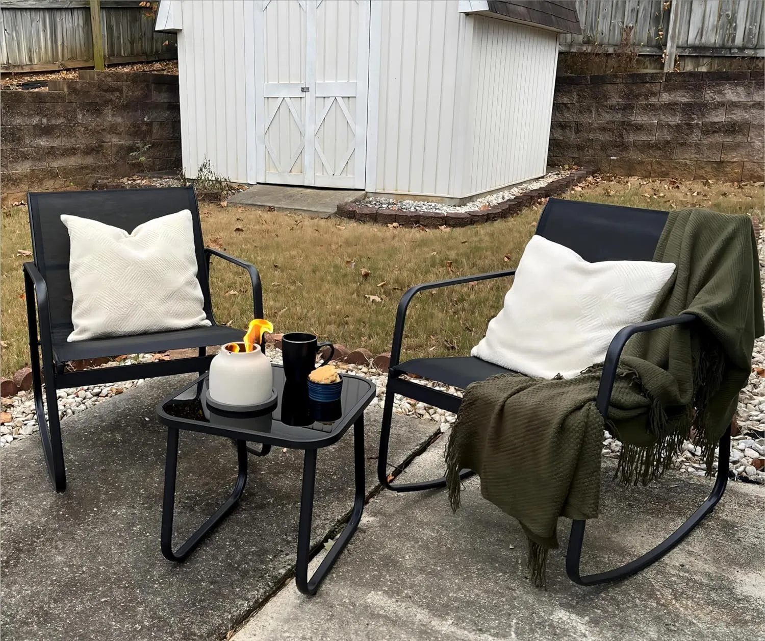 YITAHOME 3 Piece Patio Furniture Set with Rocking Bistro Chairs and Glass Table, Textilene Fabric Small Outdoor Conversation Furniture Set for Backyard, Lawn, Garden, Balcony, Poolside (Black)