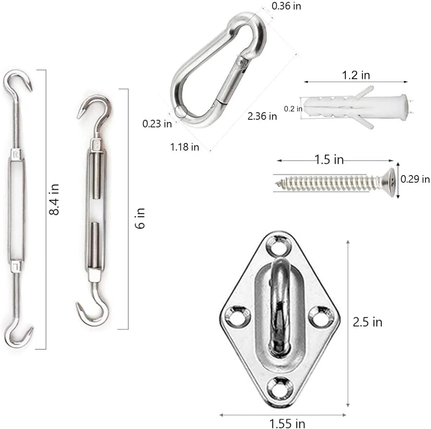 YOFIT Shade Sail Hardware Kit 6 inch for Triangle Rectangle Sun Shade Sail Installation, 304 Grade Stainless for Garden Outdoors, 80 Pcs