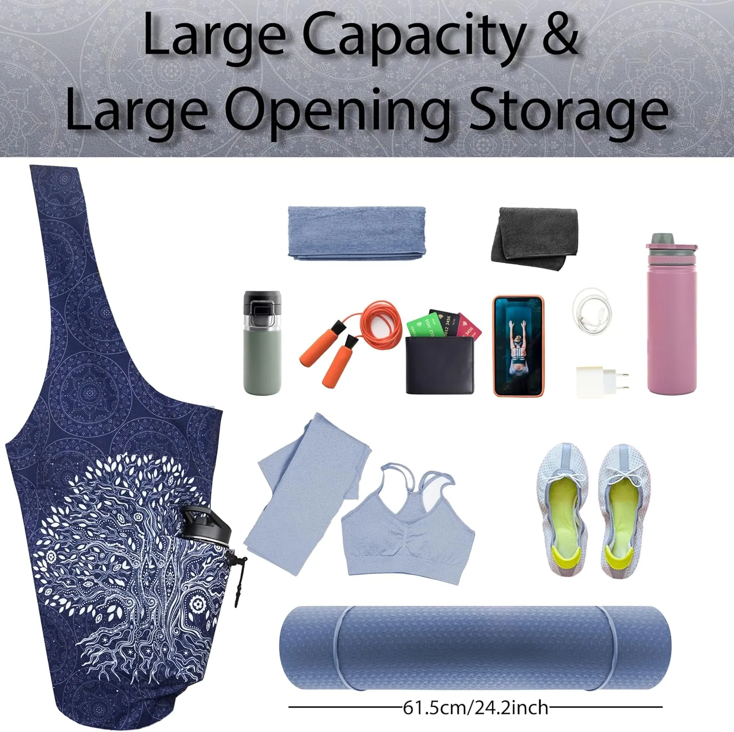Yoga Mat Bag Yoga Tote Bag with Large Waterproof Zipper Pocket and Drawstring Pocket Yoga Mat Bag Carrier Fit Most Size Mats and All You Stuff