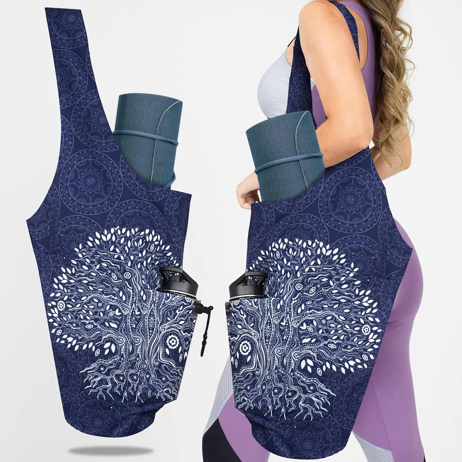 Yoga Mat Bag Yoga Tote Bag with Large Waterproof Zipper Pocket and Drawstring Pocket Yoga Mat Bag Carrier Fit Most Size Mats and All You Stuff