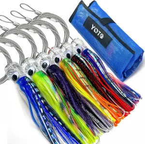 YOTO Trolling Lure Saltwater,6.5/9 inch 6 pcs Squid Skirted Deep Sea Fishing Lure kit,Tuna,Marlin,Wahoo,Shark,Mahi Trolling Fishing Lures