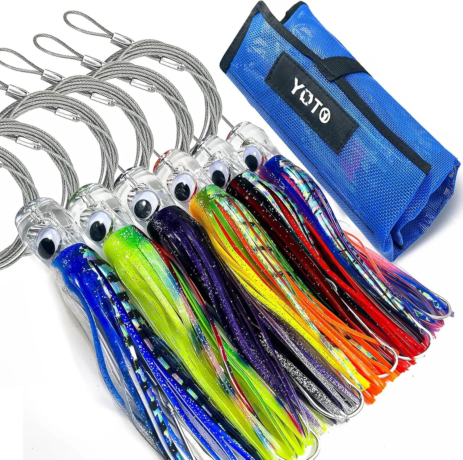 YOTO Trolling Lure Saltwater,6.5/9 inch 6 pcs Squid Skirted Deep Sea Fishing Lure kit,Tuna,Marlin,Wahoo,Shark,Mahi Trolling Fishing Lures