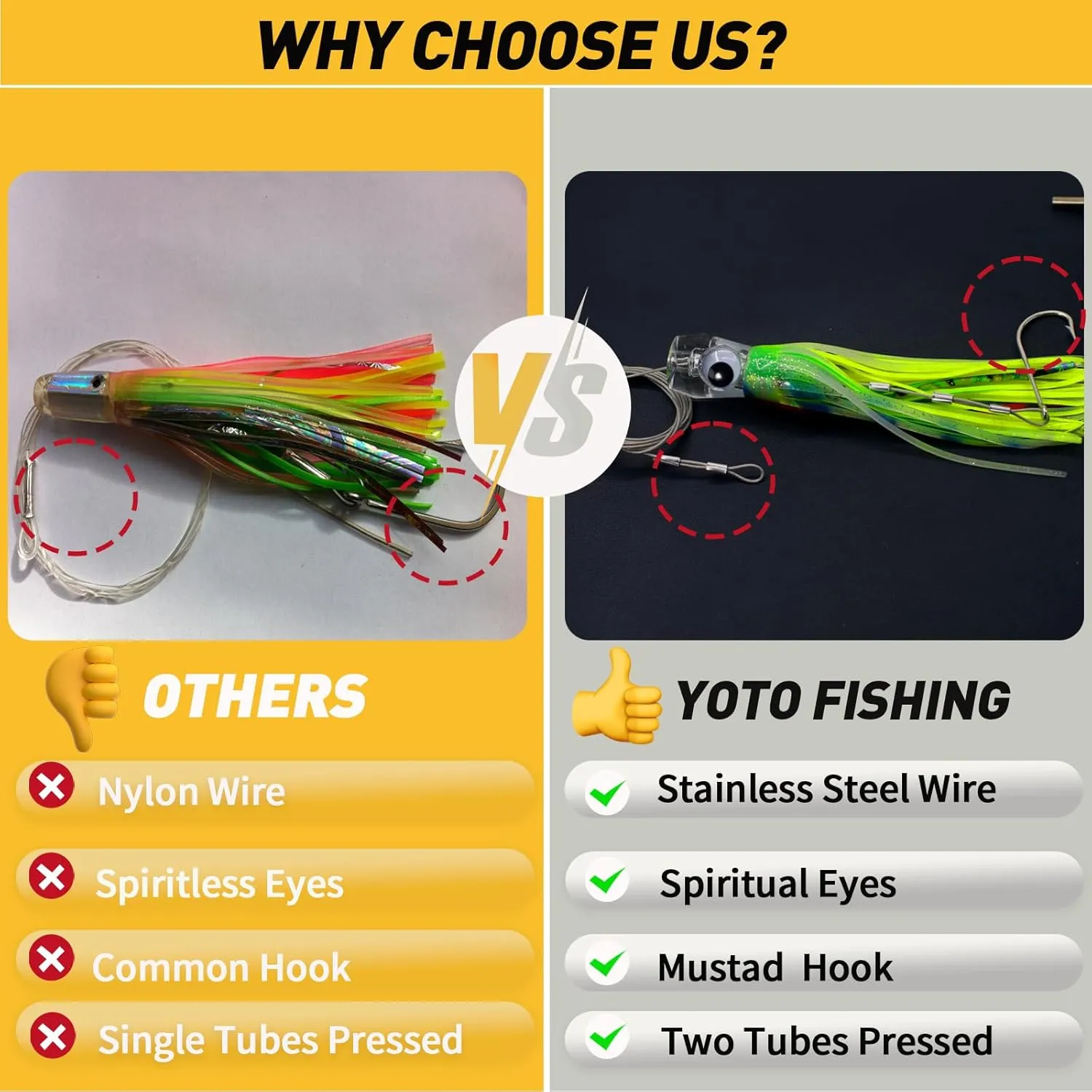 YOTO Trolling Lure Saltwater,6.5/9 inch 6 pcs Squid Skirted Deep Sea Fishing Lure kit,Tuna,Marlin,Wahoo,Shark,Mahi Trolling Fishing Lures