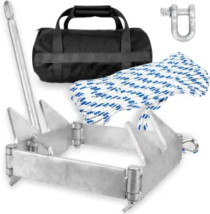 Young Marine Boat Slide Folding Anchor Kit, Hot Dipped Galvanized Sliding Anchor with Nylon Anchor Rope,Shackle,Storage Bag for 24ft to 40ft Offshore Sport Boats, Pontoon Boats