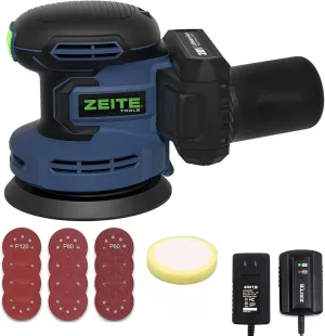 ZEITE 5 Inch 20V 2.0Ah Orbital Sander Cordless, 6 Variable Speed 3,000-11,000 OPM Electric Sander for Woodworking, 12 x Sandpaper,1 x Polishing Pad, Efficient Dust Extractor for DIY Sanding Polishing