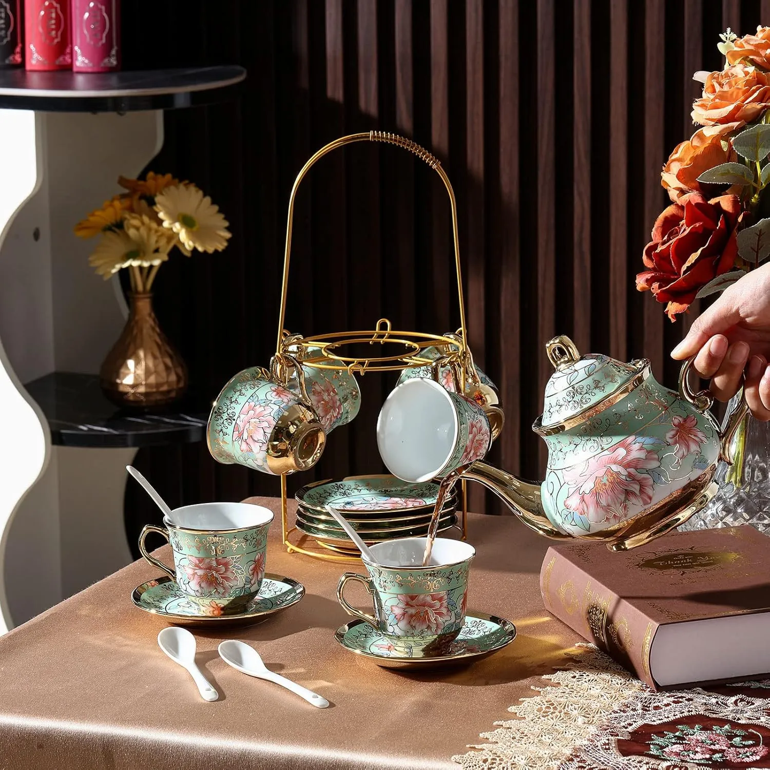 Zhehao 20 Pcs Porcelain Tea Set with Metal Holder and Spoon Adult Ceramic Tea Party Set European Flower Painting Teapot Cup Saucer Spoon Set for Women, Large Version(Fresh Style)