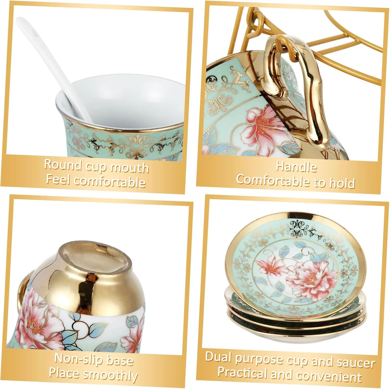 Zhehao 20 Pcs Porcelain Tea Set with Metal Holder and Spoon Adult Ceramic Tea Party Set European Flower Painting Teapot Cup Saucer Spoon Set for Women, Large Version(Fresh Style)