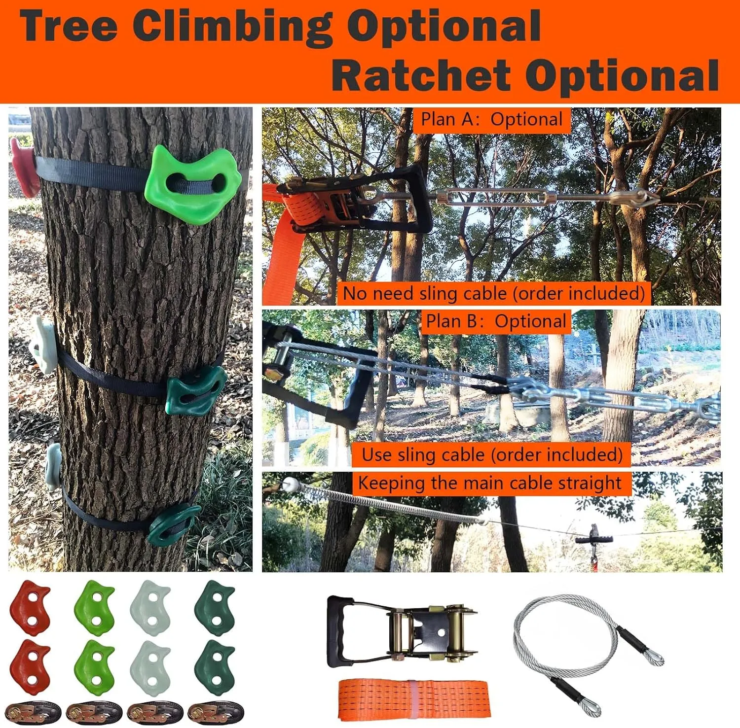 Zipline Kits for Backyard, 110FT Zip Line Kit for Kids and Adults, Up to 350Lbs, Ratchet System, Tree Climbing Holds, Outdoor Toys Play Set Playground Equipment (180FT Ratchet, Tree Climbing)