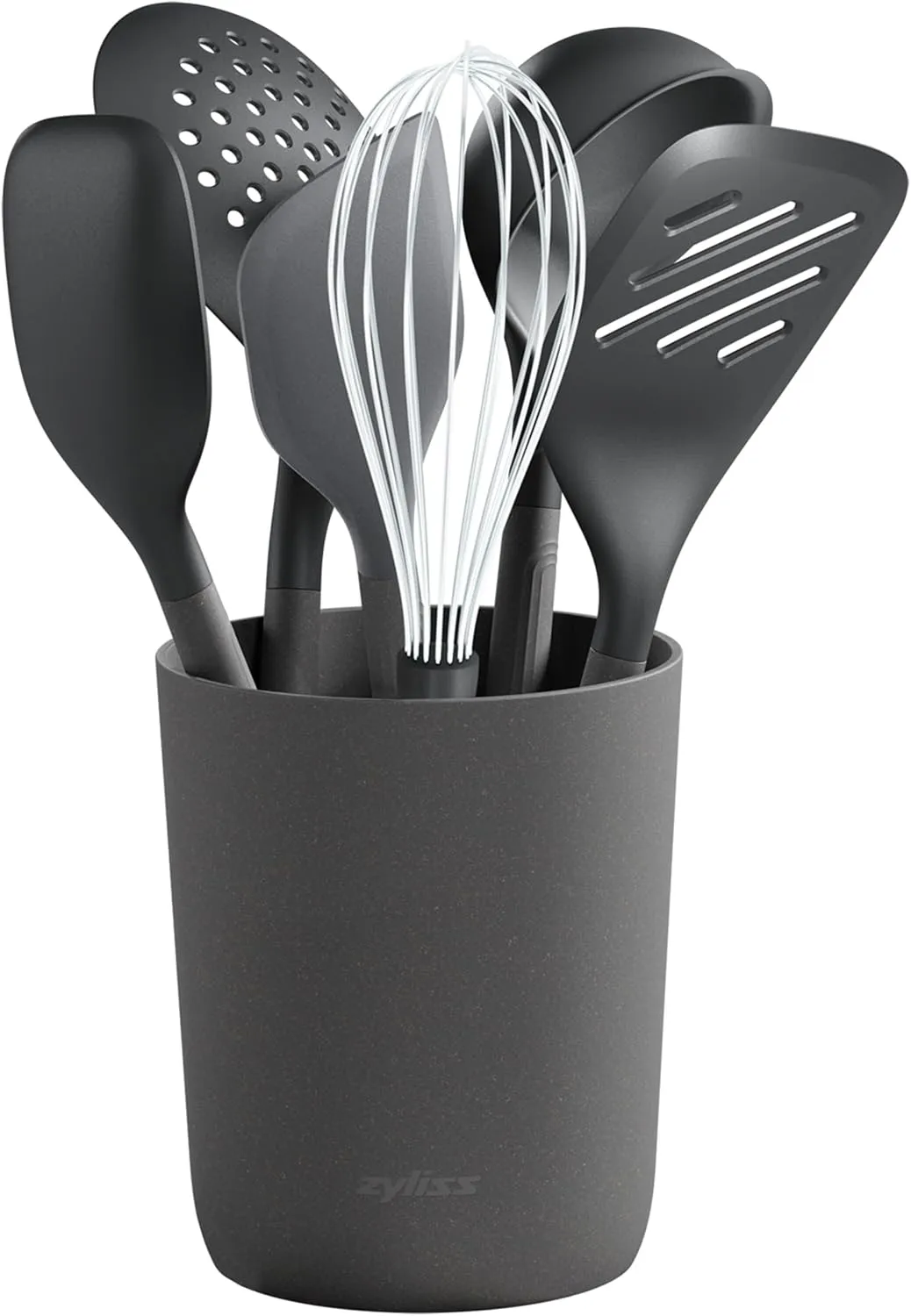 Zyliss 7 Piece Utensil Set with Storage Tube - Small Kitchen Set - Includes Large Ladle, Slotted Turner, Spatula, Spoon, Balloon Whisk, Skimmer & Storage Cube - Gray