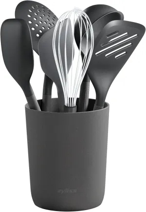 Zyliss 7 Piece Utensil Set with Storage Tube - Small Kitchen Set - Includes Large Ladle, Slotted Turner, Spatula, Spoon, Balloon Whisk, Skimmer & Storage Cube - Gray