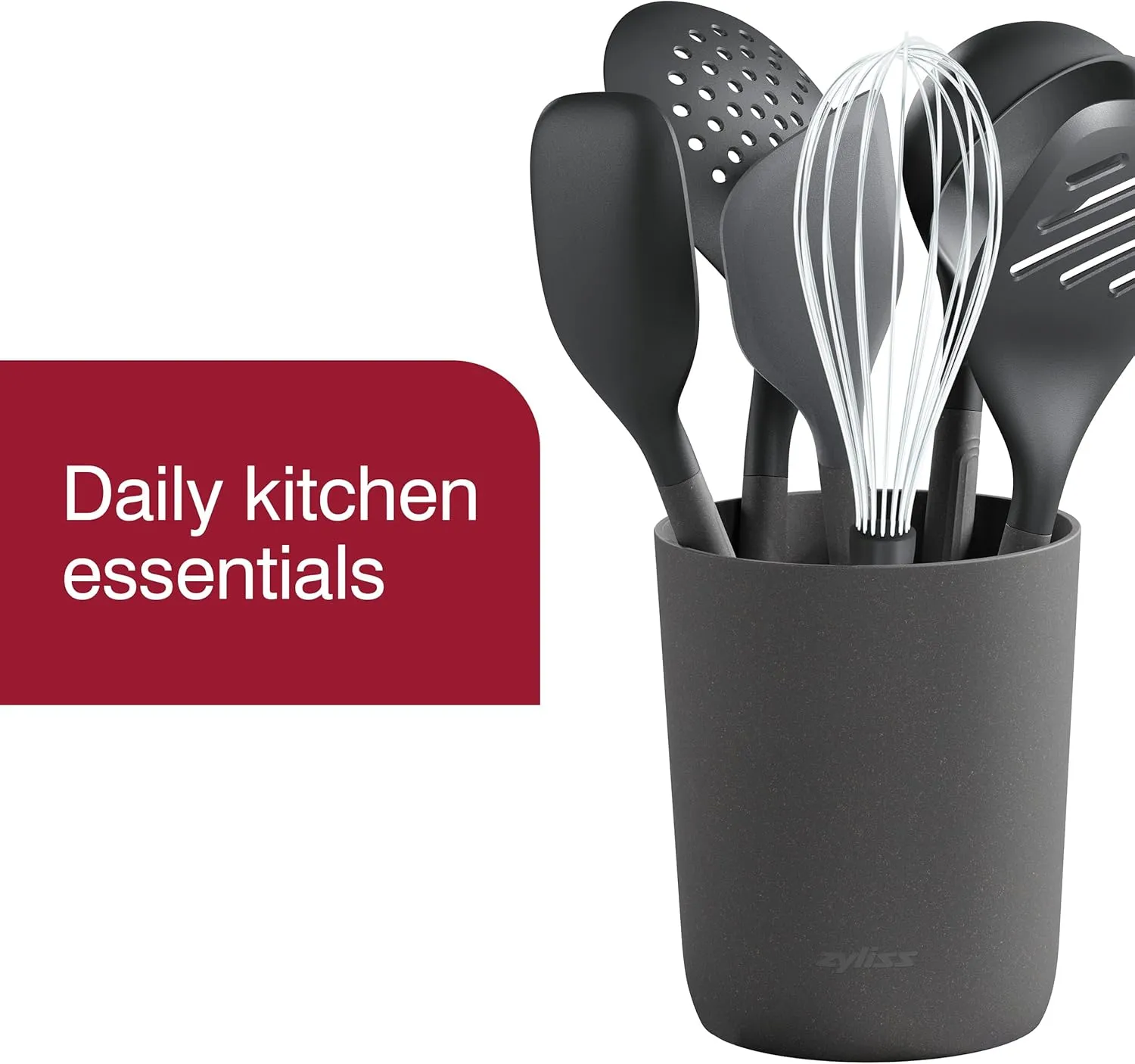 Zyliss 7 Piece Utensil Set with Storage Tube - Small Kitchen Set - Includes Large Ladle, Slotted Turner, Spatula, Spoon, Balloon Whisk, Skimmer & Storage Cube - Gray
